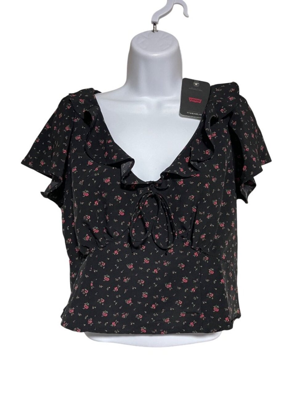 Levis Mylene Blouse Womens Size M Black Pink Floral Coquette Romantic Crop Top